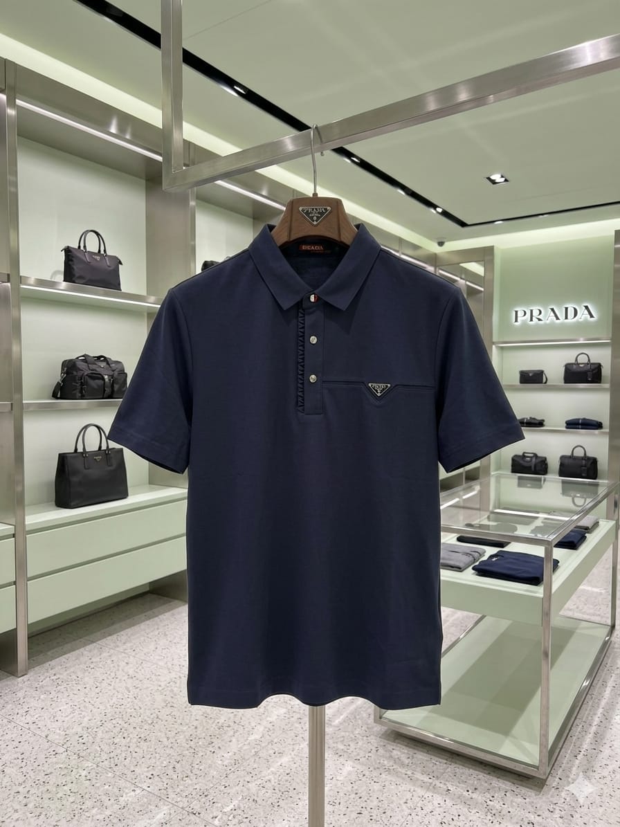 Front view of Prada navy stitchless polo t-shirt for men

