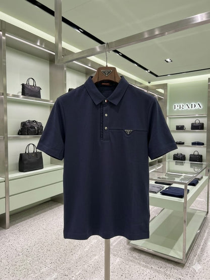 Front view of Prada navy stitchless polo t-shirt for men
