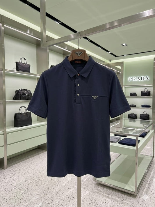 Front view of Prada navy stitchless polo t-shirt for men
