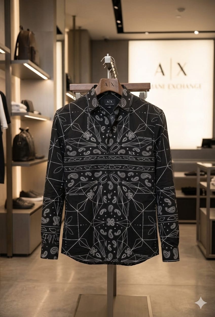 Armani black regular fit Japanese fabric printed shirt for men