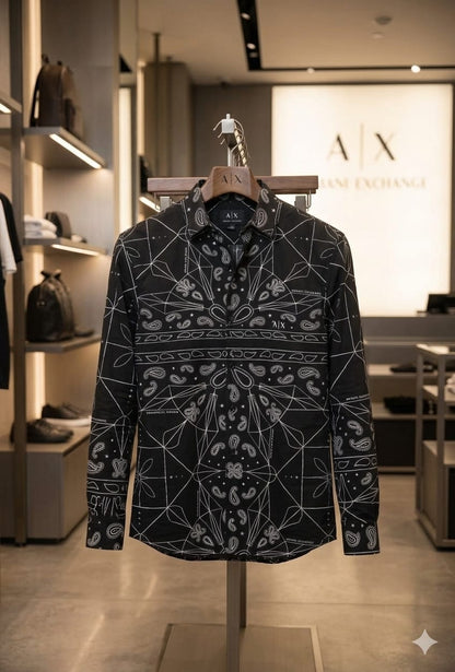 Armani black regular fit Japanese fabric printed shirt for men