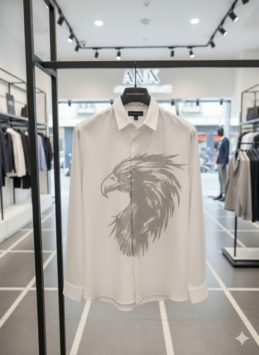 Armani Eagle white premium regular fit shirt with imported stone work
