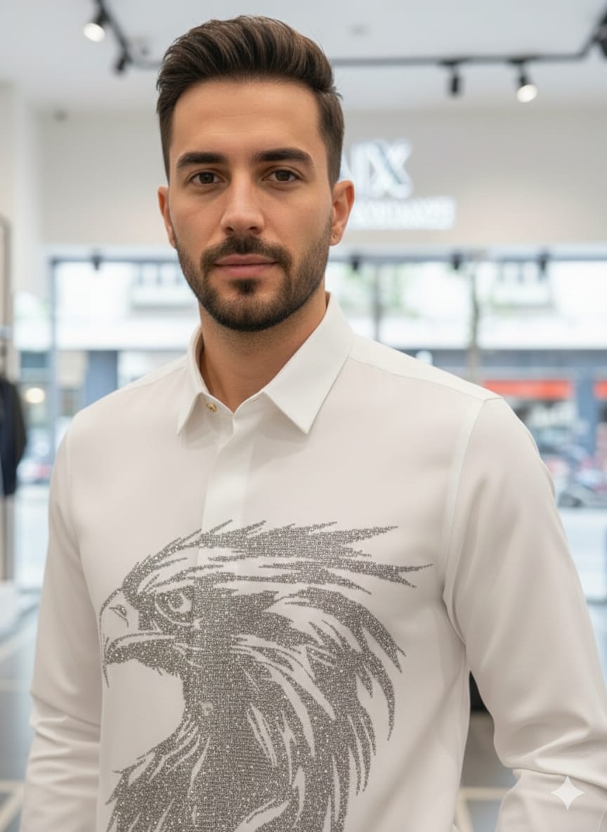 Armani men's white eagle designer party wear shirt with stone detailing
