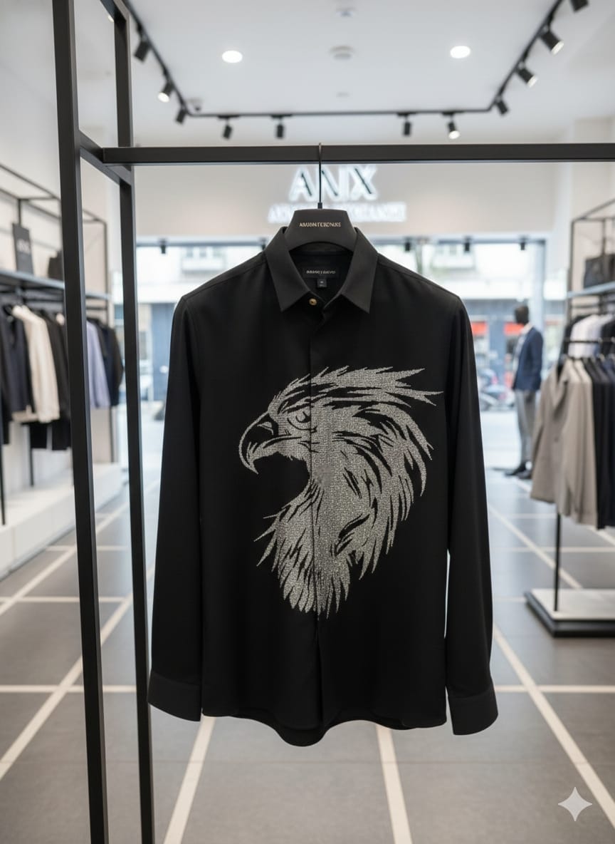Armani men's black eagle designer party wear shirt with stone detailing
