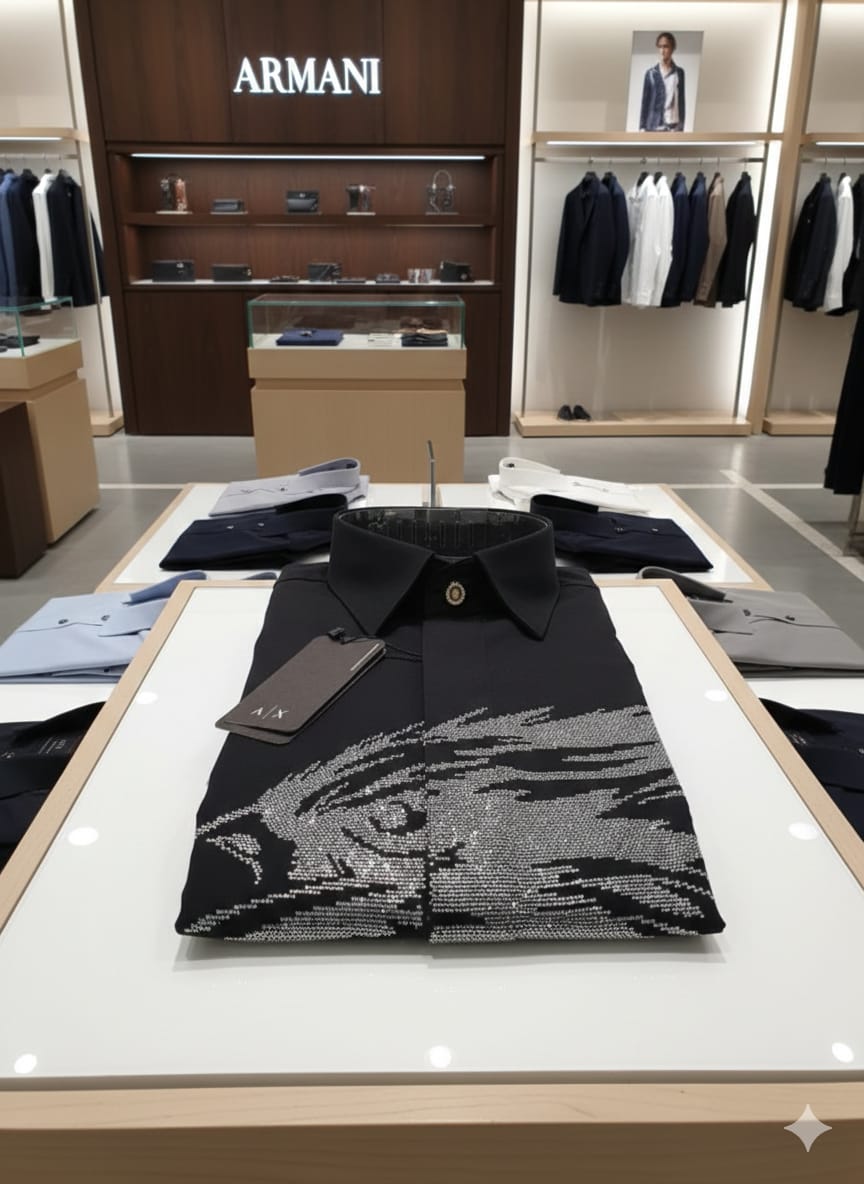Armani black eagle stone work Japanese fabric designer shirt for men
