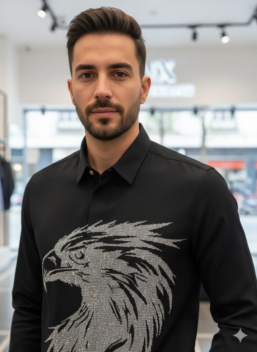 Armani Eagle black premium regular fit shirt with imported stone work

