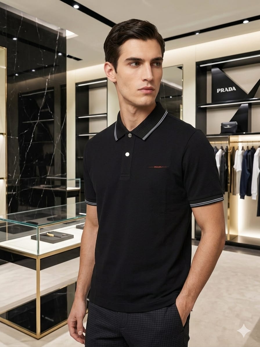 Men's Prada Black Japanese stitchless fabric polo t-shirt with premium logo
