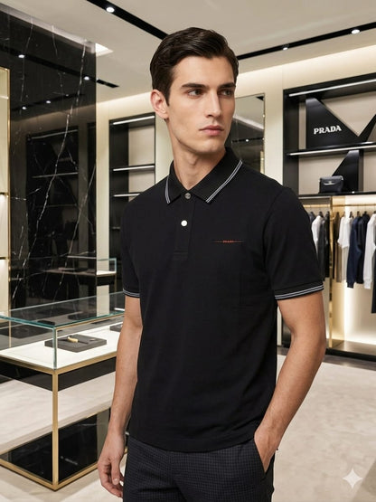 Men's Prada Black Japanese stitchless fabric polo t-shirt with premium logo
