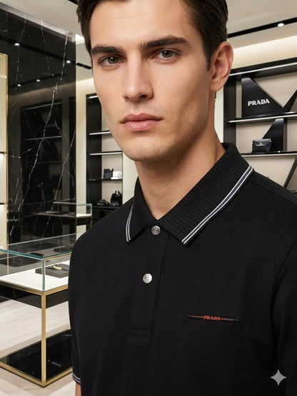 Prada premium Black stitchless polo t-shirt for men in regular fit front view
