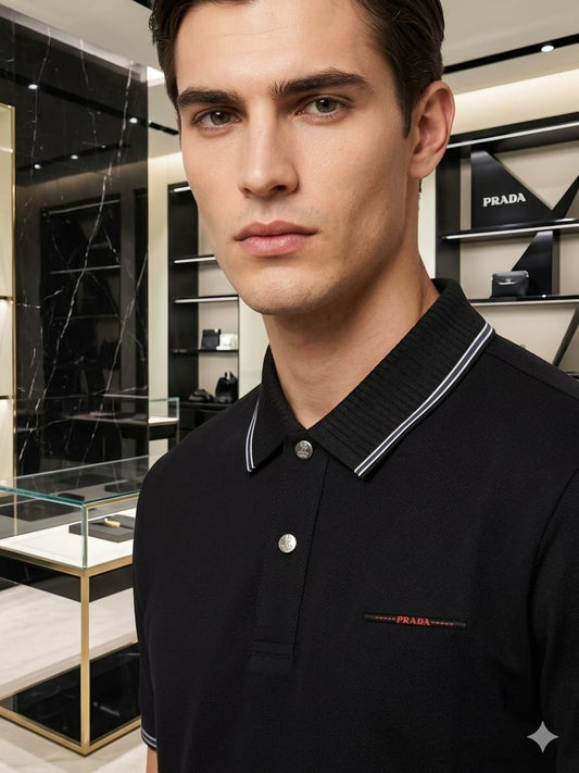 Prada premium Black stitchless polo t-shirt for men in regular fit front view
