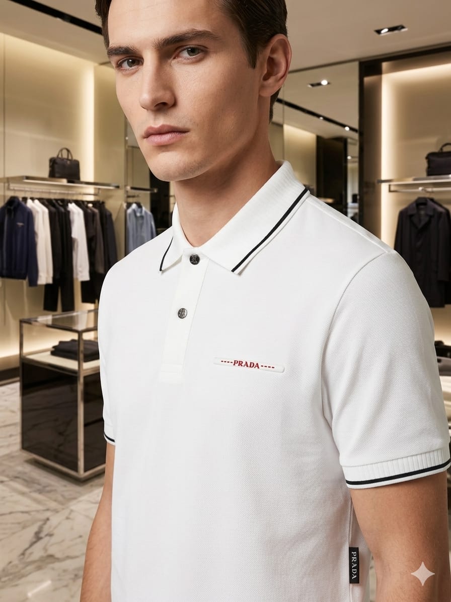 Prada white stitchless polo t-shirt for men in premium Japanese fabric

