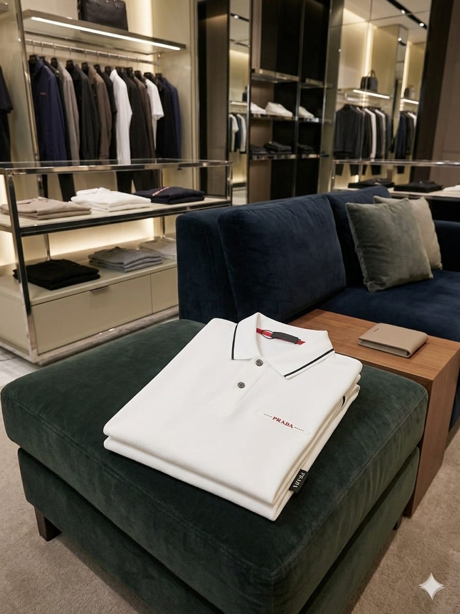 Front view of Prada white premium polo t-shirt for casual and office wear

