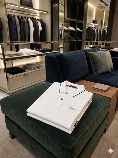 Front view of Prada white premium polo t-shirt for casual and office wear
