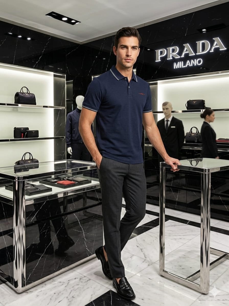 Front view of Prada navy premium polo t-shirt for smart casual styling
