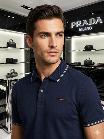 Prada navy blue stitchless polo t-shirt for men in premium Japanese fabric
