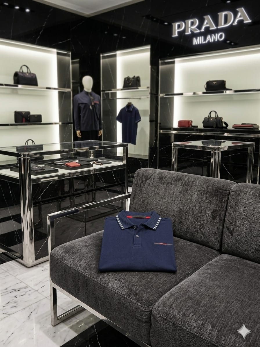 Prada navy blue luxury polo t-shirt with classic collar and premium finish
