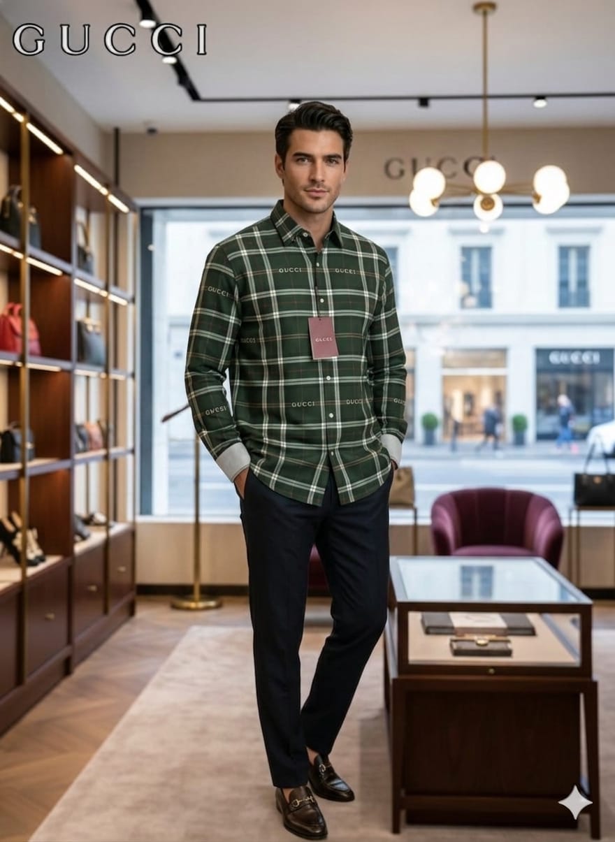 Gucci olive green premium checked cotton shirt for men in regular fit
