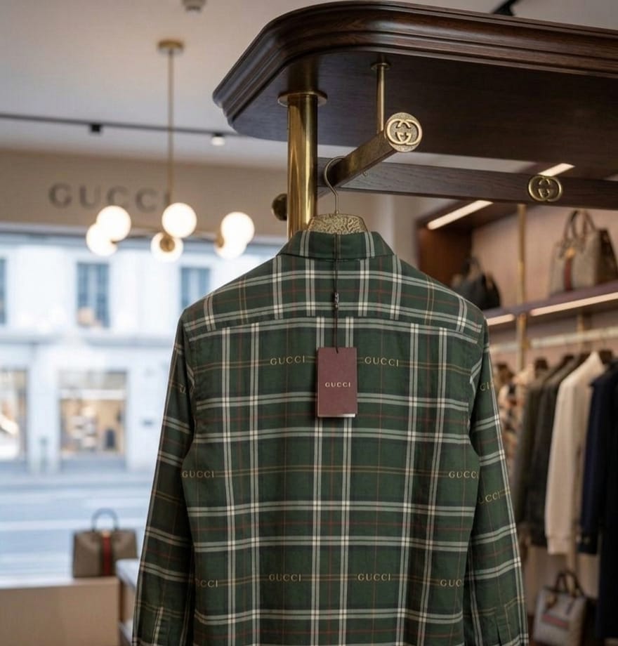 Premium Gucci olive green check pattern cotton shirt for everyday wear
