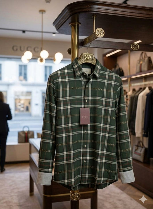 Men's Gucci olive green checked casual shirt made from cotton fabric
