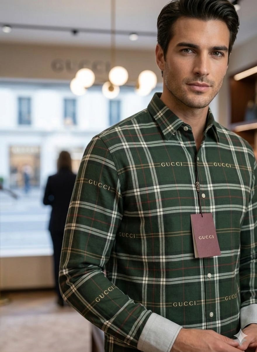 Gucci olive green full sleeve checked designer shirt for men
