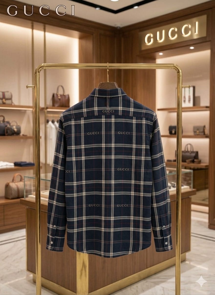 Premium Gucci navy blue check pattern cotton shirt for business casual and everyday wear
