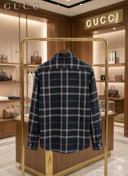 Premium Gucci navy blue check pattern cotton shirt for business casual and everyday wear
