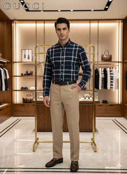 Gucci navy blue premium checked cotton shirt for men in regular fit
