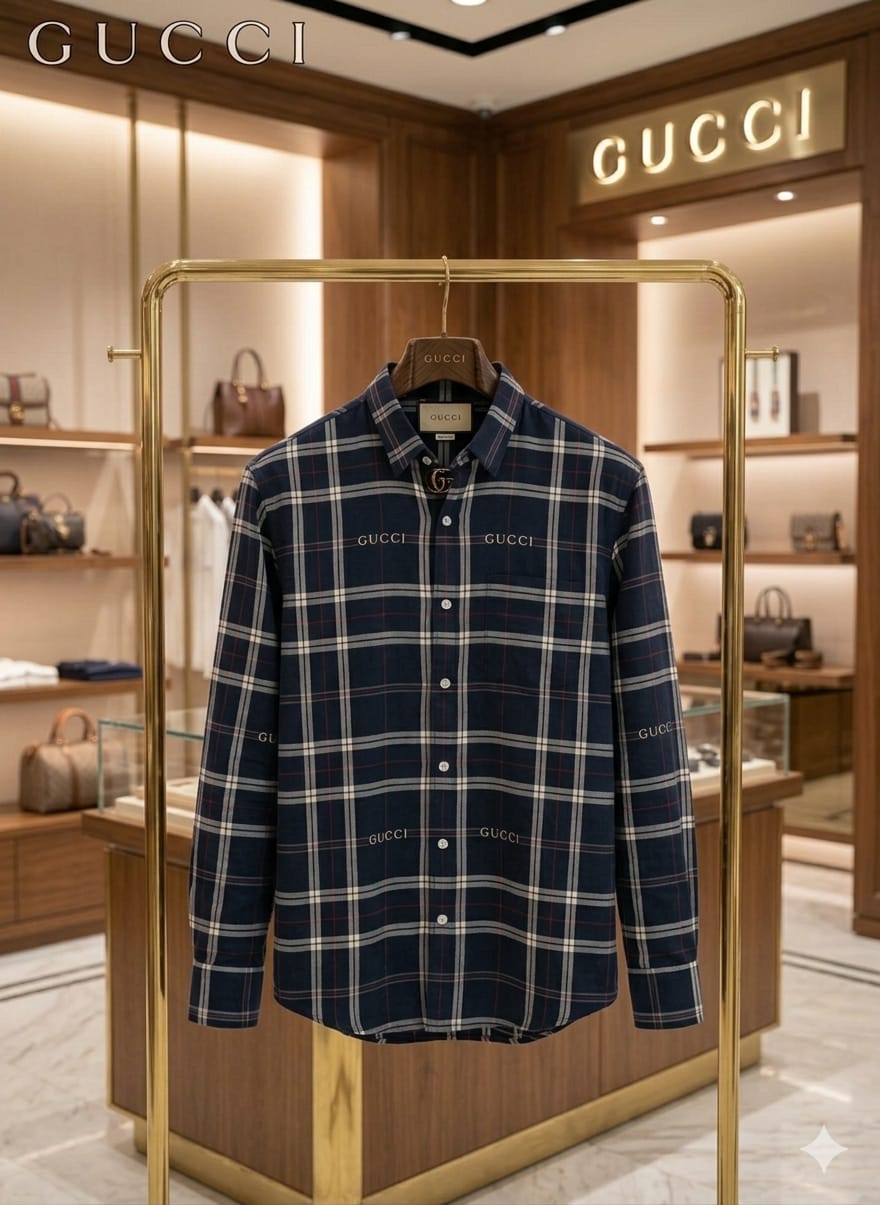 Men's Gucci navy blue checked casual shirt made from cotton fabric
