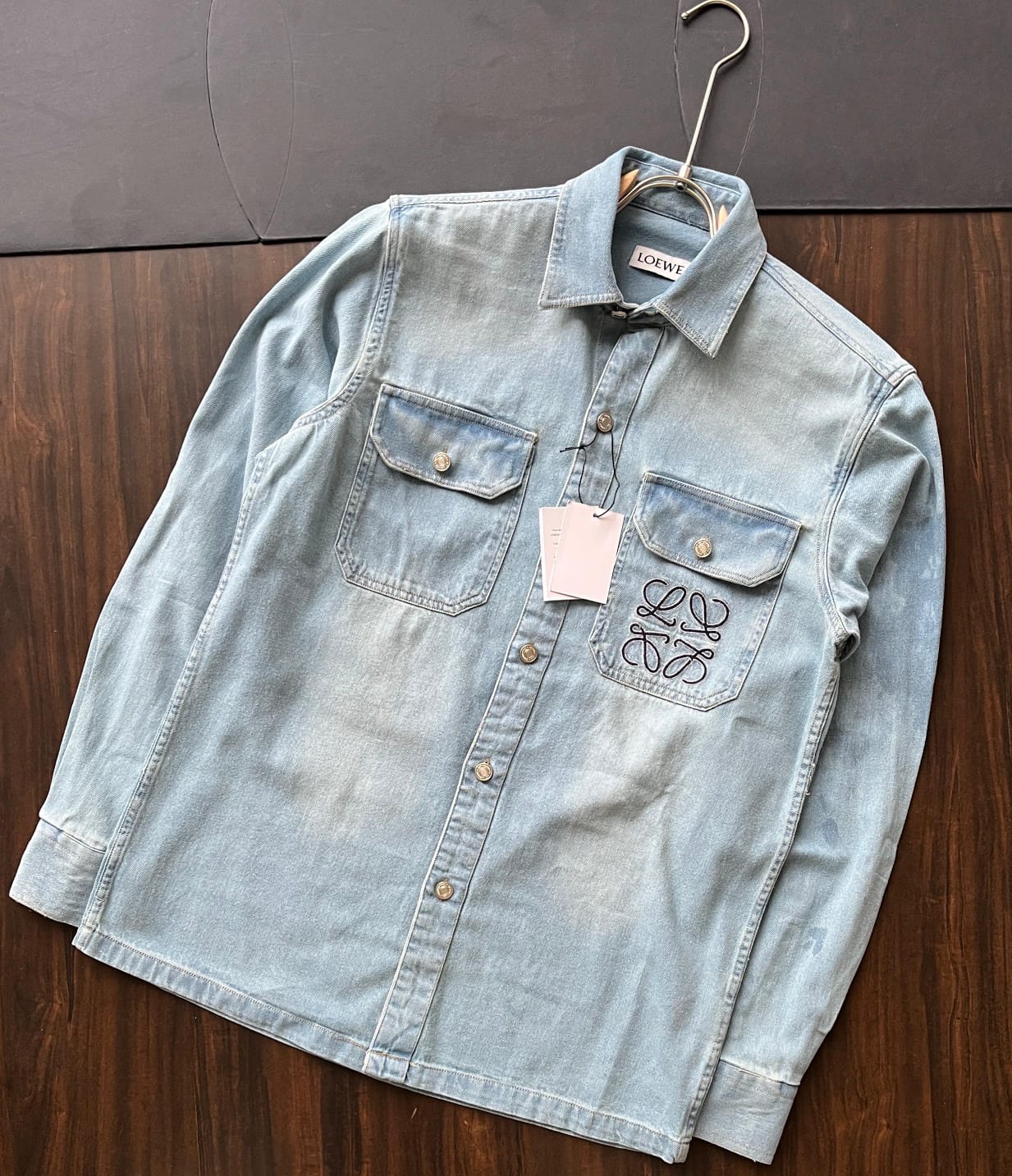 Loewe sky blue premium imported denim shirt for men with double pockets
