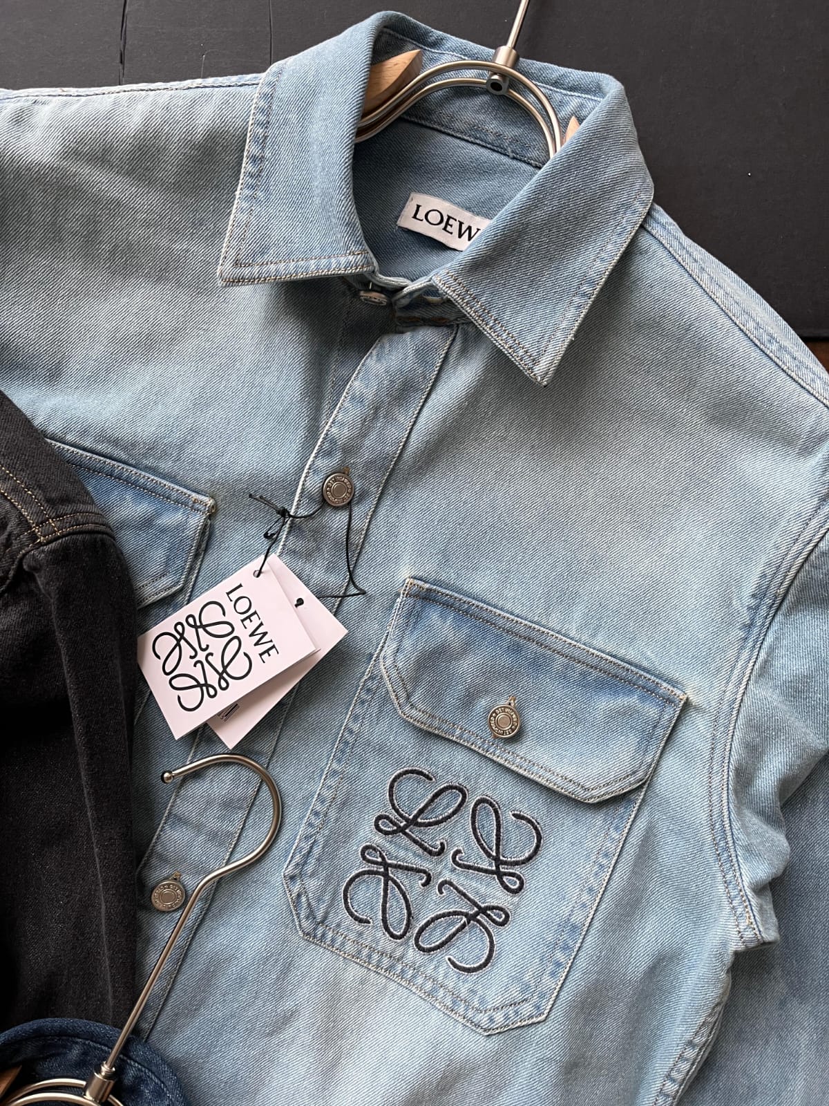 Men's Loewe light blue regular fit denim shirt with embroidered logo
