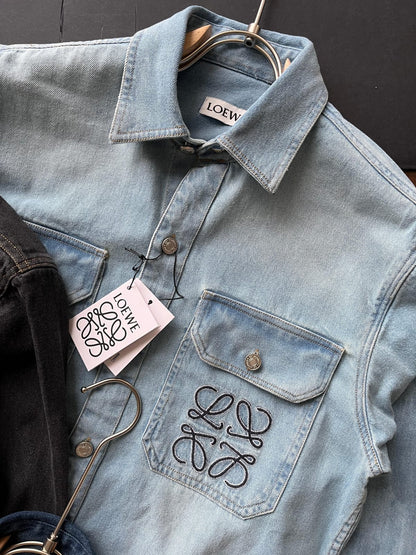 Men's Loewe light blue regular fit denim shirt with embroidered logo
