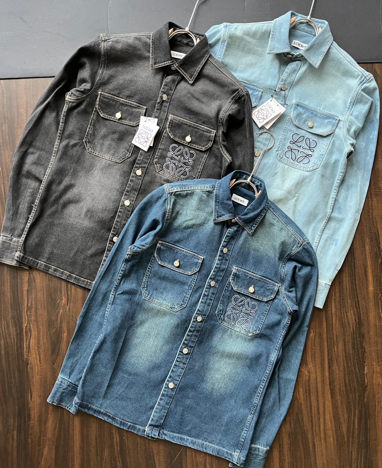 Loewe premium imported denim shirt collection for men in Sky blue, blue and black
