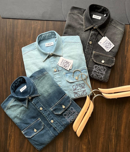 Loewe men's regular fit denim shirt with double pockets and embroidered logo