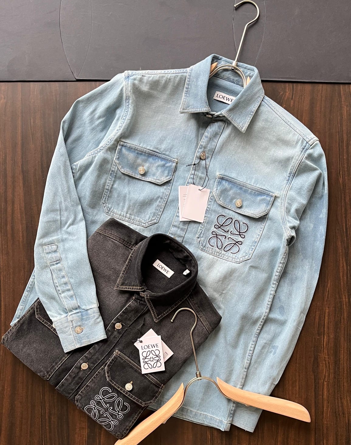 Premium Loewe denim shirts for men available in sky blue and black colors