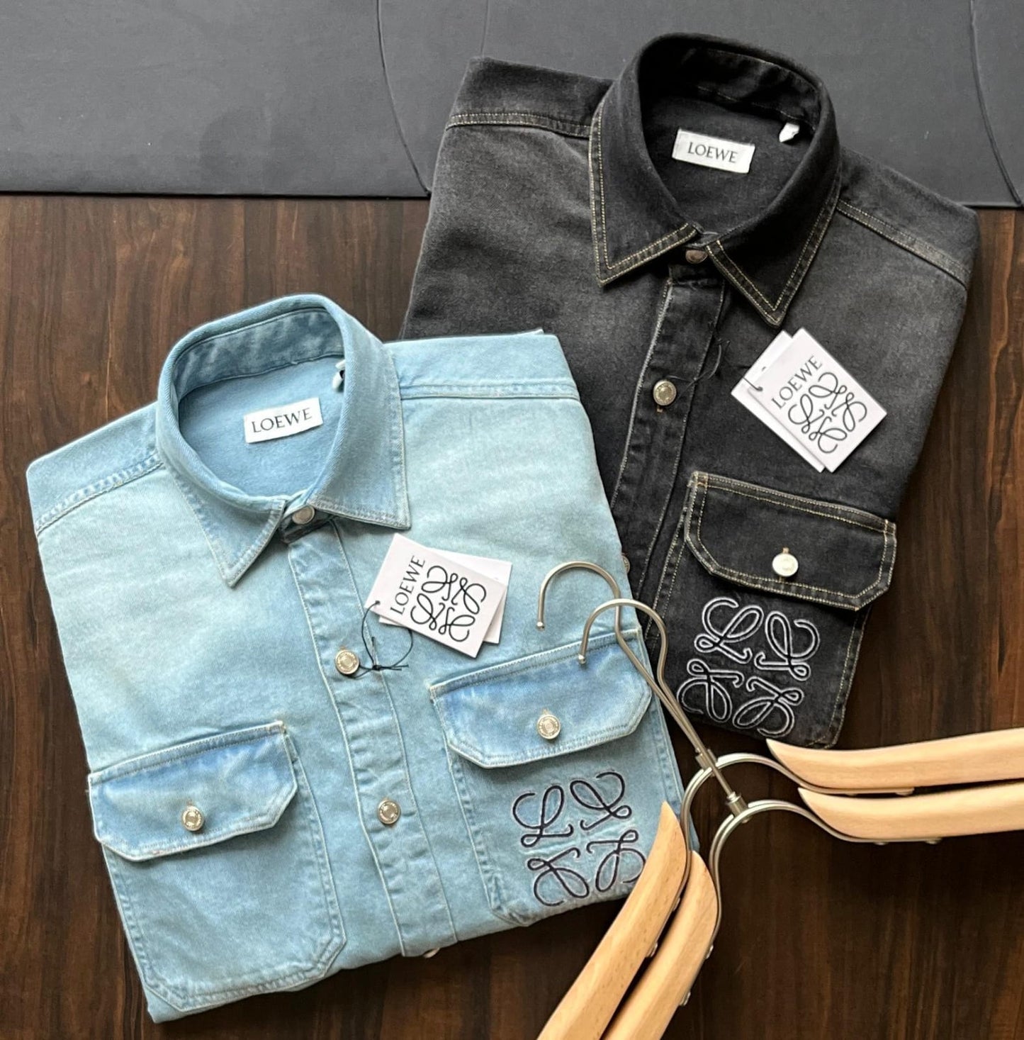 Premium men's denim shirt collection by Loewe in sky  blue, blue and black