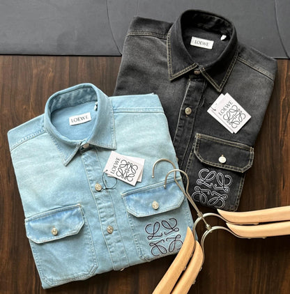 Premium men's denim shirt collection by Loewe in sky  blue, blue and black