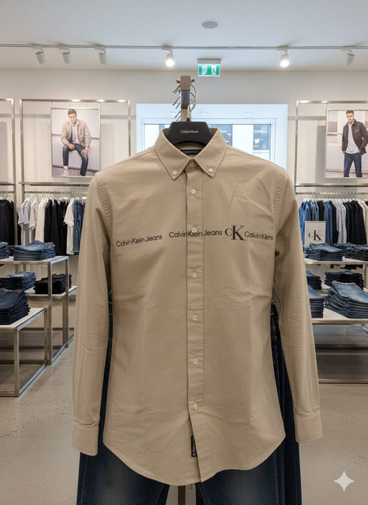 Men's Calvin Klein beige full sleeve Oxford cotton casual shirt
