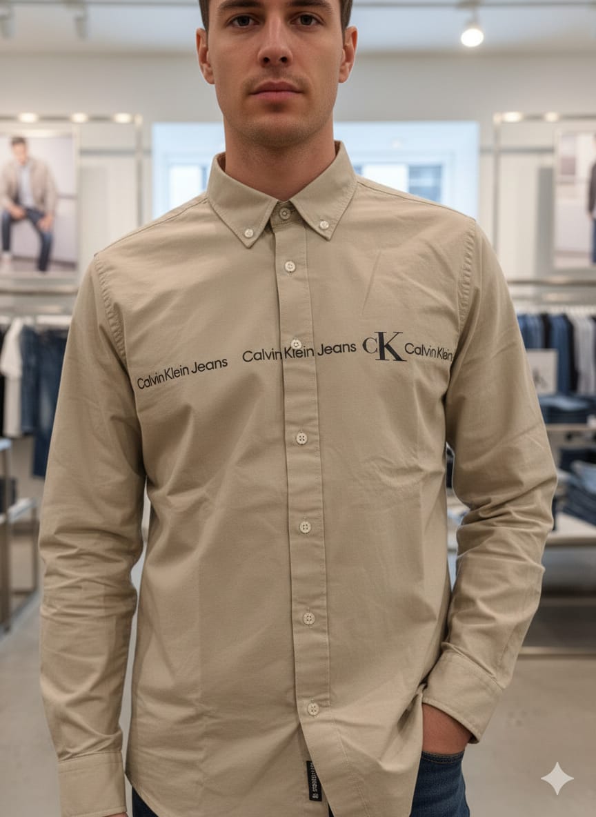 Calvin Klein beige premium Oxford cotton regular fit shirt for men
