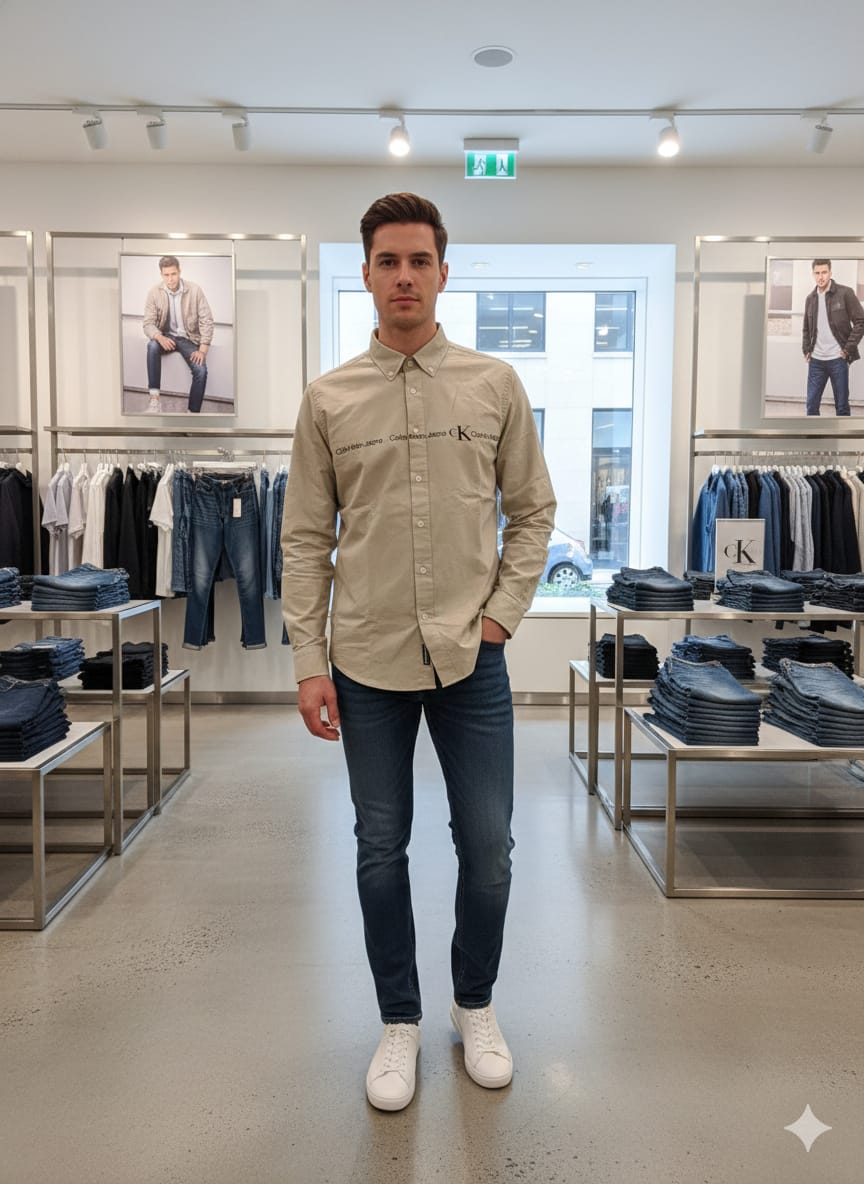 Premium Calvin Klein beige Oxford cotton shirt with regular fit
