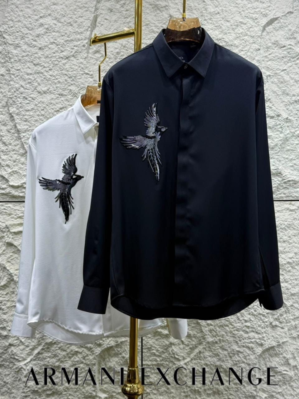 Armani Exchange premium stone work shirt collection in navy and white
