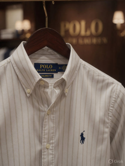 Ralph Lauren men's white striped 2-ply cotton regular fit shirt with embroidered pony logo
