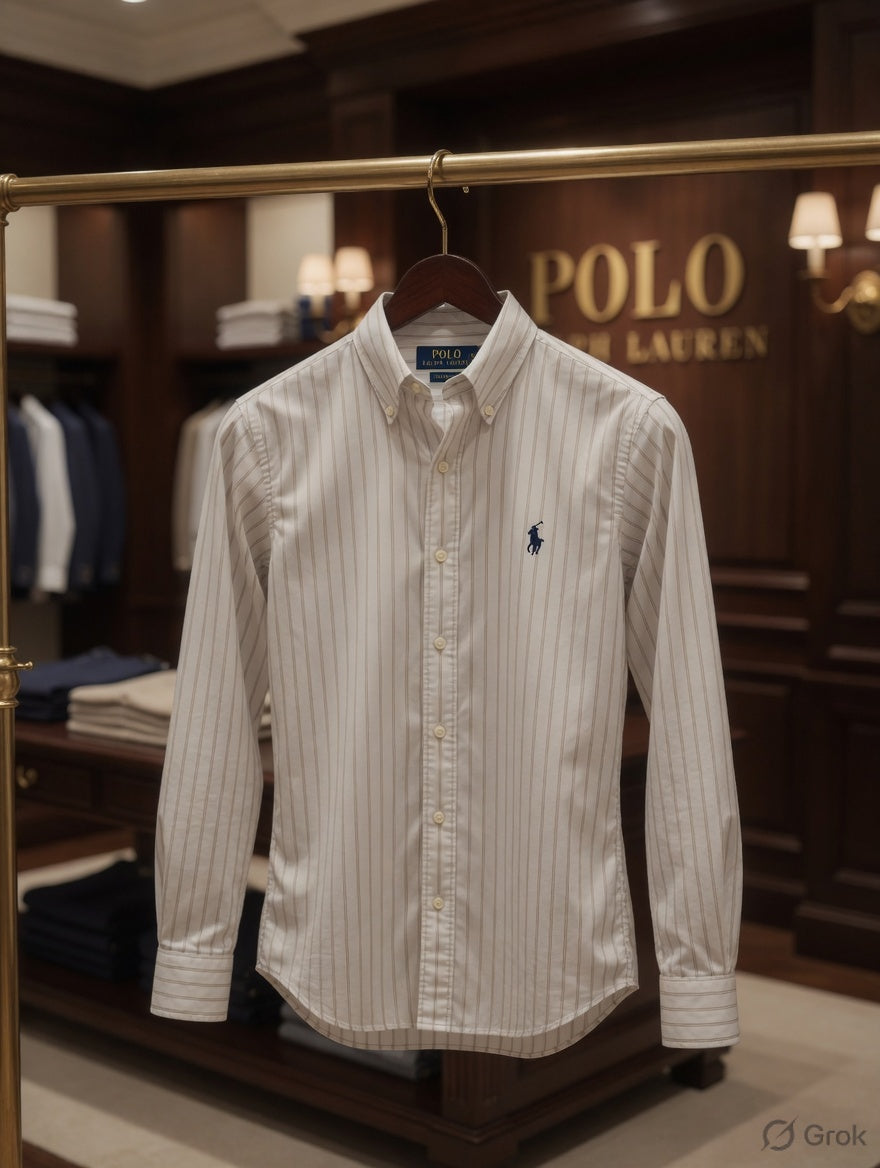 Premium Ralph Lauren white cotton striped shirt with branded buttons for men
