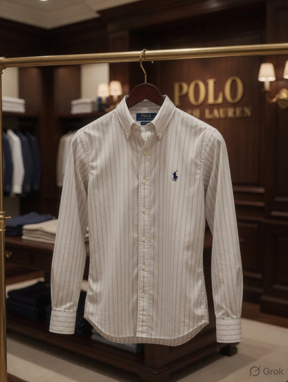 Premium Ralph Lauren white cotton striped shirt with branded buttons for men
