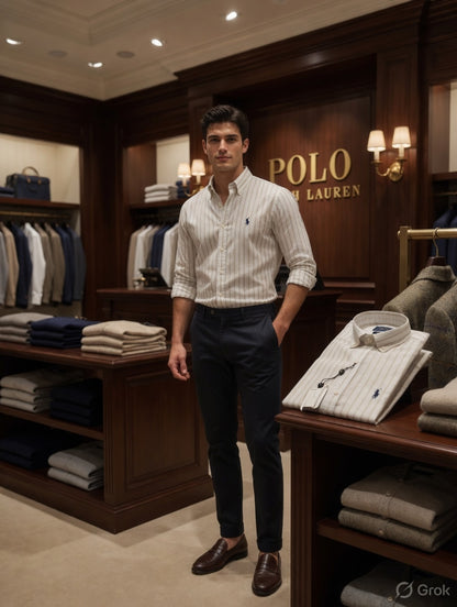 Premium Ralph Lauren white cotton striped shirt with branded buttons for men
