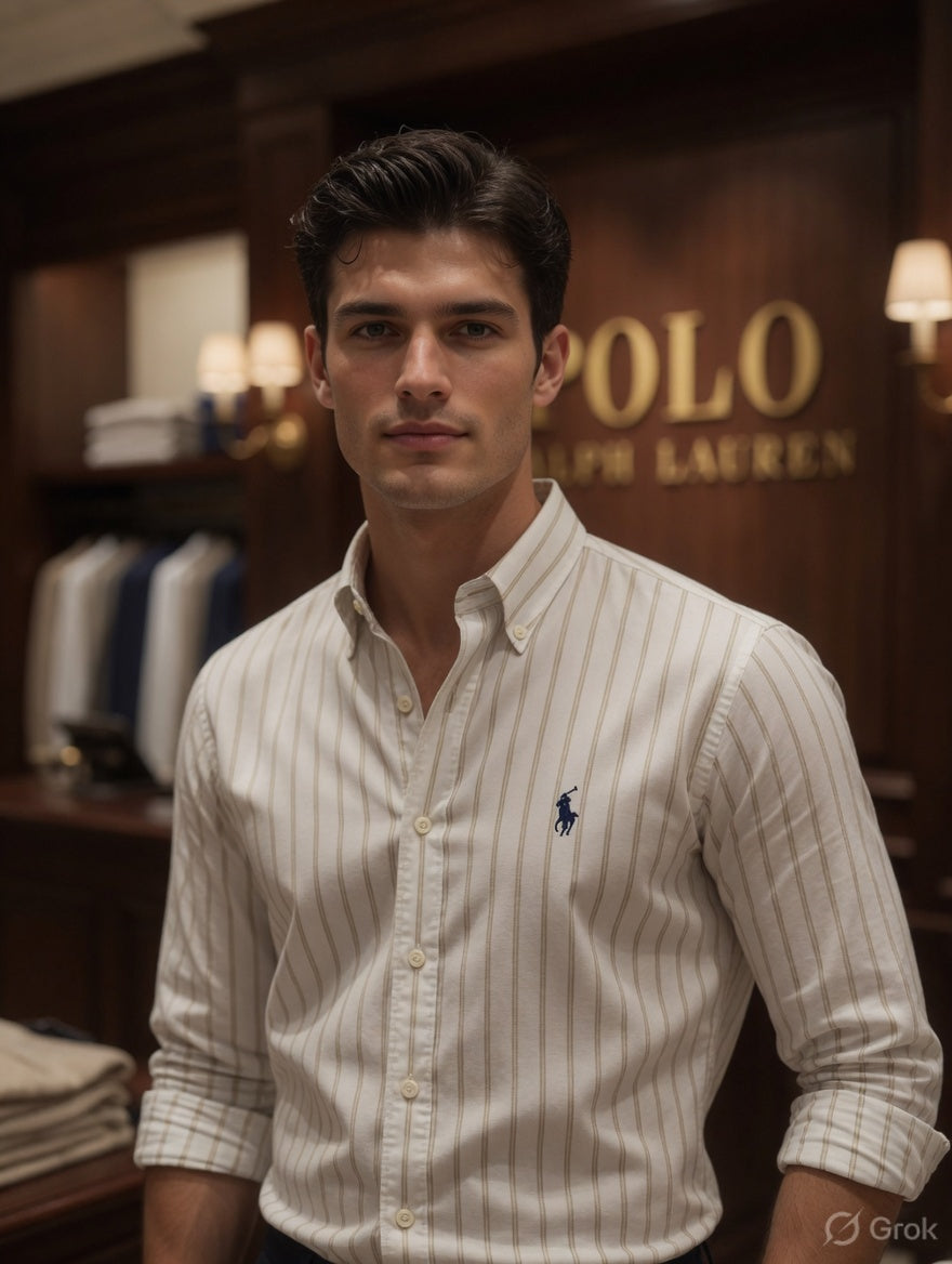 Premium Ralph Lauren white cotton striped shirt with branded buttons for men
