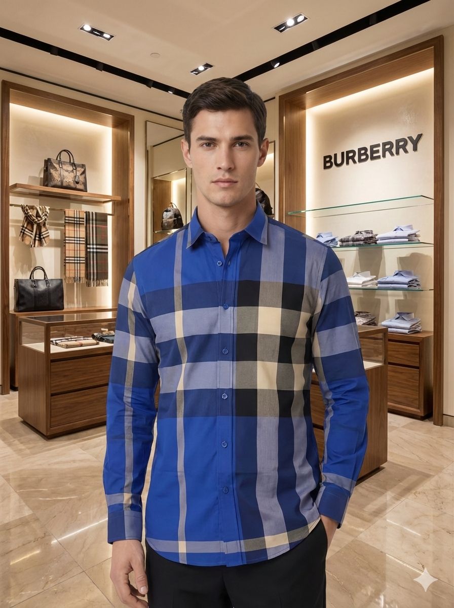 Premium blue check Burberry style full sleeve cotton shirt
