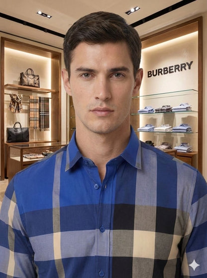 Burberry men's blue checked cotton regular fit shirt front view
