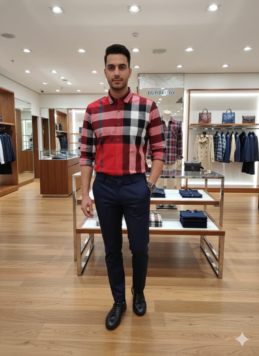 Burberry men's red checked cotton regular fit shirt

