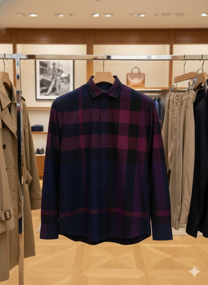 Luxury-inspired navy checked cotton regular fit shirt

