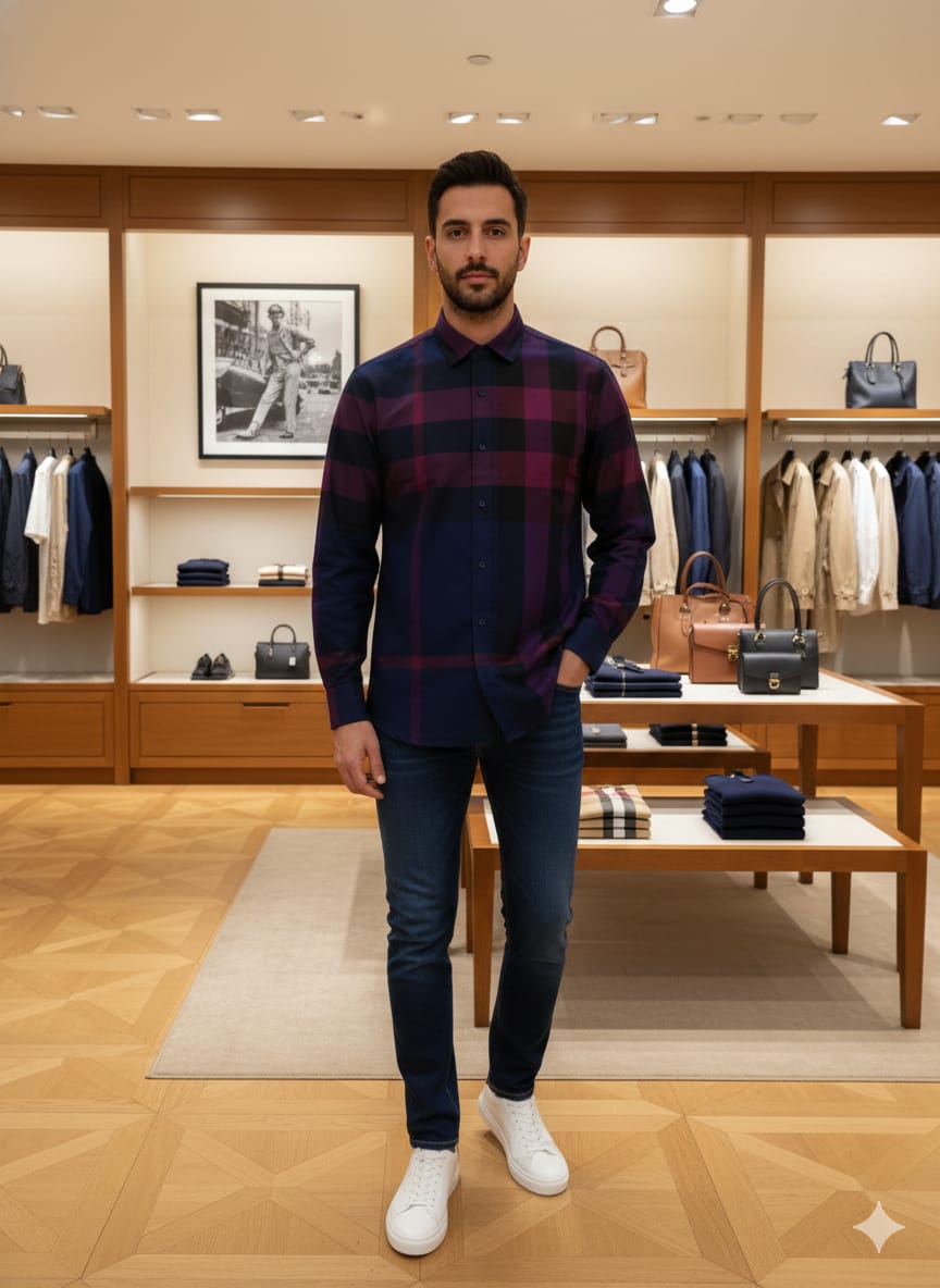 Premium navy check full sleeve cotton shirt
